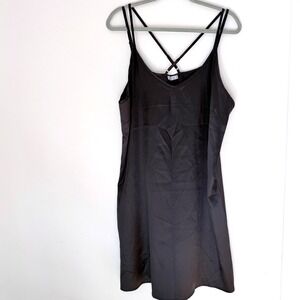 Ekouaer Black Satin Slip Mini Dress Size‎ XL Criss Cross Back Chemise Adjustable